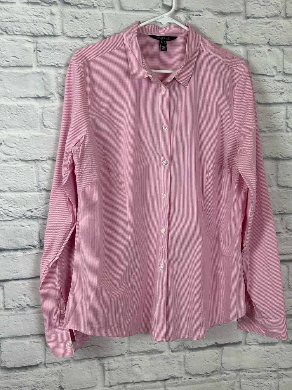Long Tall Sally Pink White Pinstripe Button Down Shirt Blouse Size 12